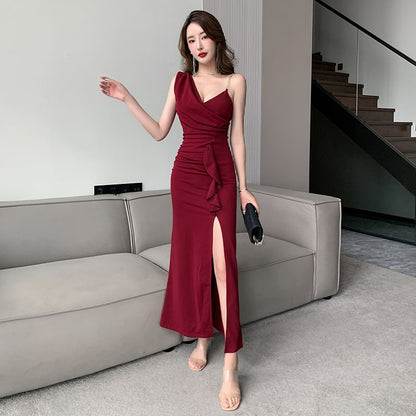 Sleeveless V-Neck Plain Asymmetrical Ruffle Trim Slit Sheath Evening Dress