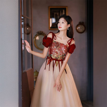 Short-Sleeve Cold Shoulder Floral Print Bow Accent A-Line Evening Gown