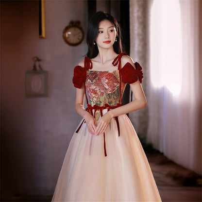 Floral A-Line Cold Accent Bow Short-Sleeve Evening Shoulder Gown Print