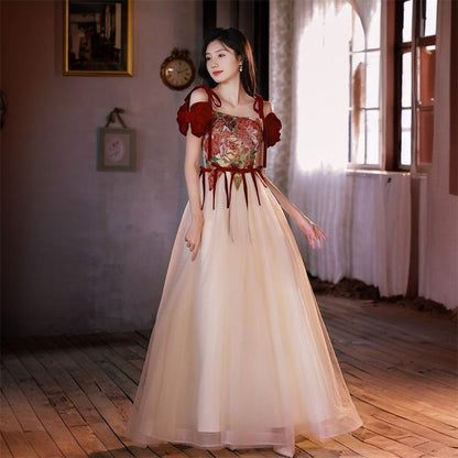 Floral A-Line Cold Accent Bow Short-Sleeve Evening Shoulder Gown Print