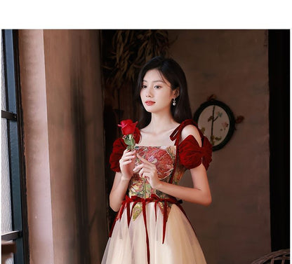 Floral A-Line Cold Accent Bow Short-Sleeve Evening Shoulder Gown Print