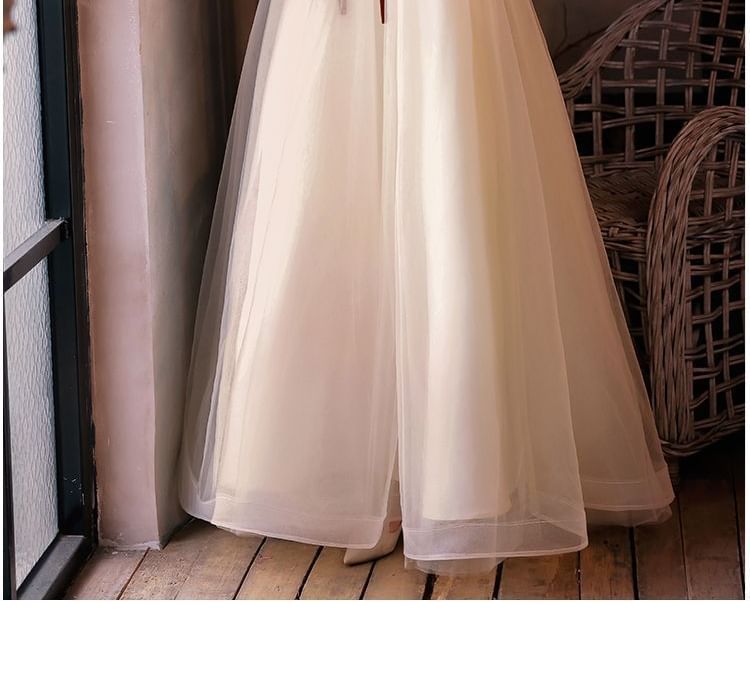 Floral A-Line Cold Accent Bow Short-Sleeve Evening Shoulder Gown Print