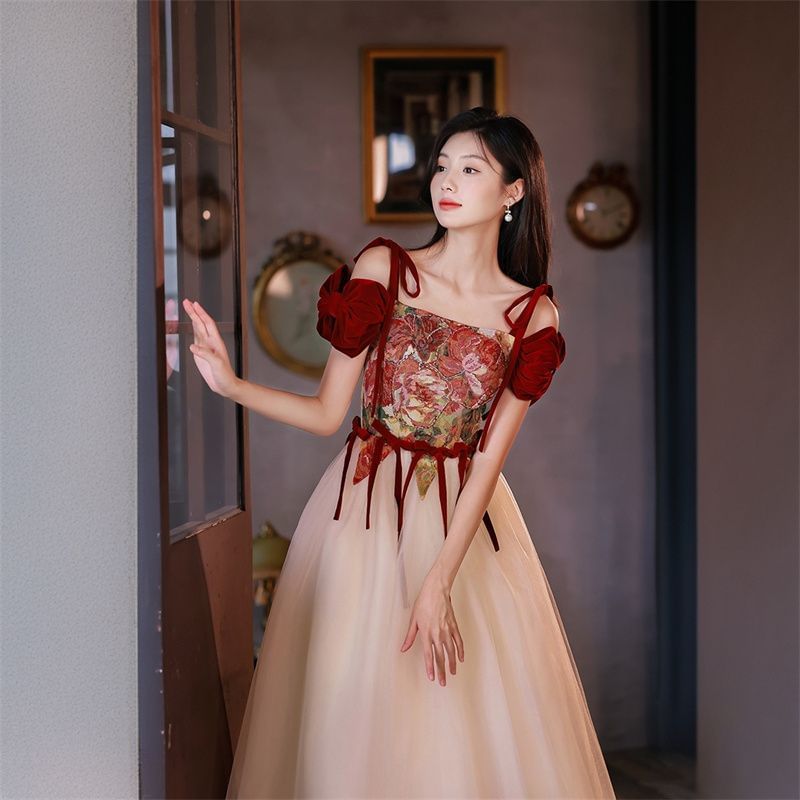 Floral A-Line Cold Accent Bow Short-Sleeve Evening Shoulder Gown Print