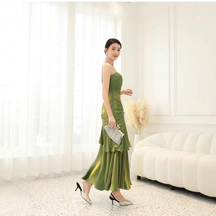 Spaghetti Strap Plain Ruffle Panel Ruched Mermaid Evening Dress