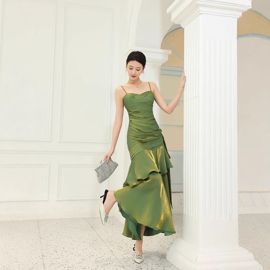 Spaghetti Strap Plain Ruffle Panel Ruched Mermaid Evening Dress