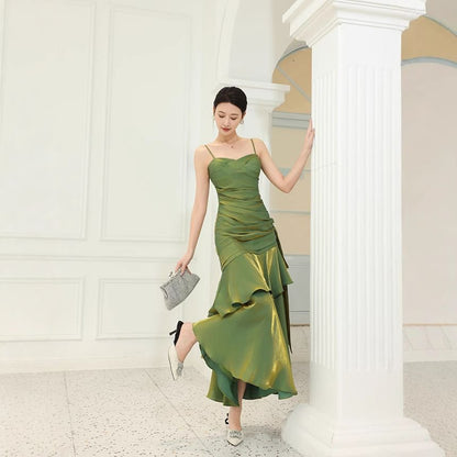 Spaghetti Strap Plain Ruffle Panel Ruched Mermaid Evening Dress