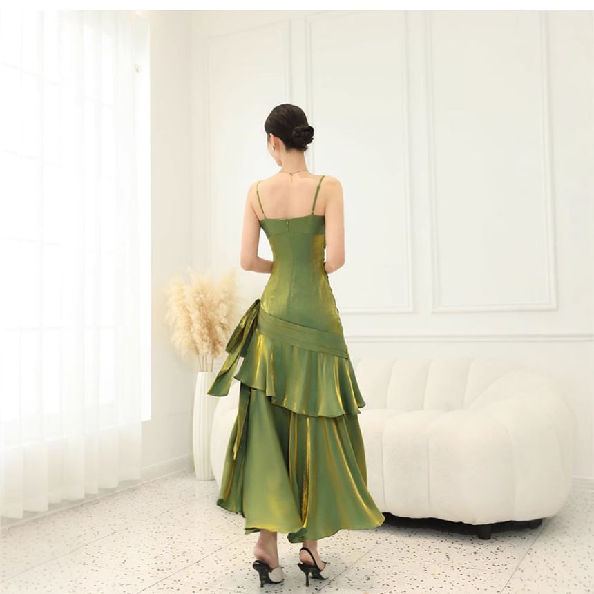 Spaghetti Strap Plain Ruffle Panel Ruched Mermaid Evening Dress