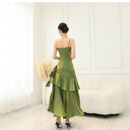 Spaghetti Strap Plain Ruffle Panel Ruched Mermaid Evening Dress