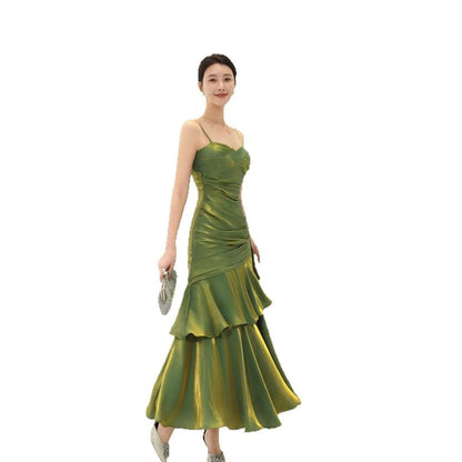 Spaghetti Strap Plain Ruffle Panel Ruched Mermaid Evening Dress