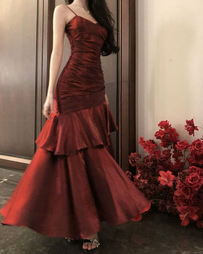 Spaghetti Strap Plain Ruffle Panel Ruched Mermaid Evening Dress