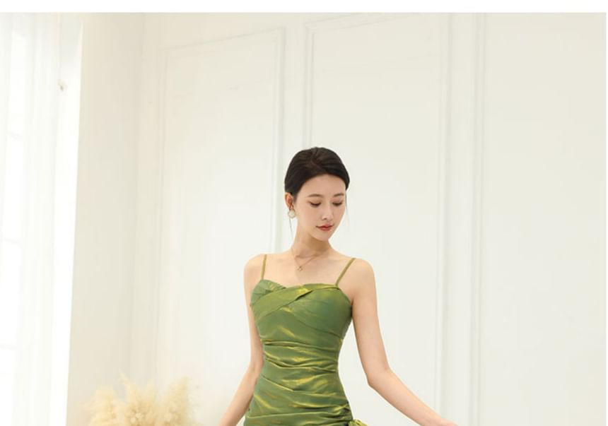 Spaghetti Strap Plain Ruffle Panel Ruched Mermaid Evening Dress