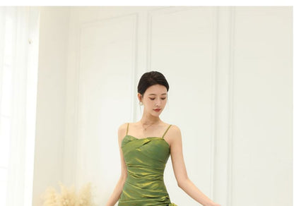Spaghetti Strap Plain Ruffle Panel Ruched Mermaid Evening Dress