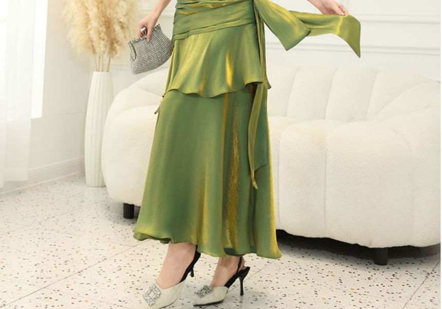 Spaghetti Strap Plain Ruffle Panel Ruched Mermaid Evening Dress