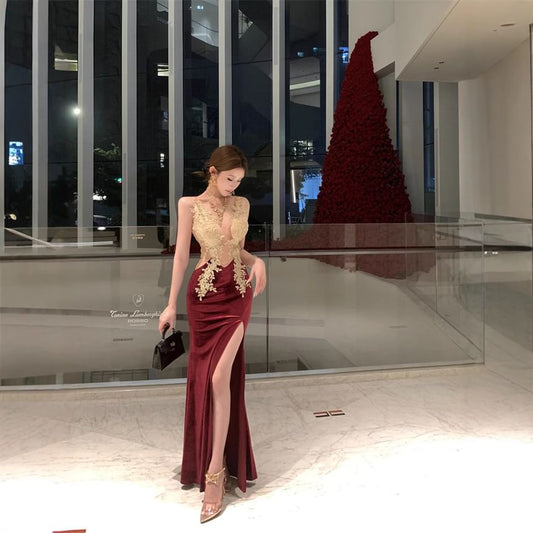 Sleeveless Plunge Lace Panel Slit Sheath Evening Dress