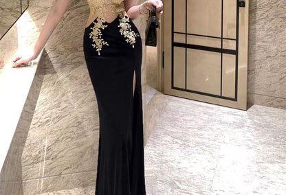 Sleeveless Plunge Lace Panel Slit Sheath Evening Dress