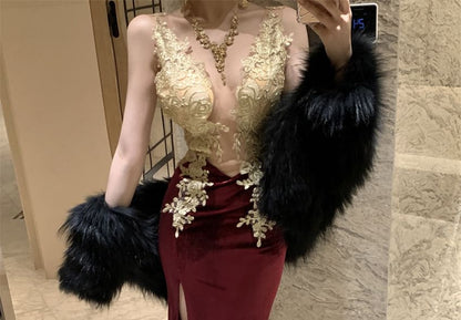 Sleeveless Plunge Lace Panel Slit Sheath Evening Dress