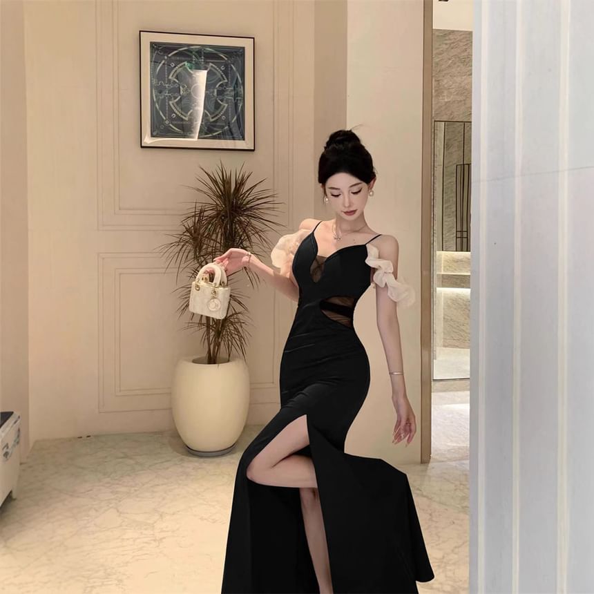 Spaghetti Strap V-Neck Sheer Panel Ruched Slit Mermaid Evening Gown