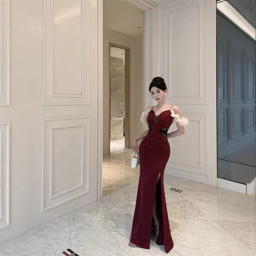 Spaghetti Strap V-Neck Sheer Panel Ruched Slit Mermaid Evening Gown