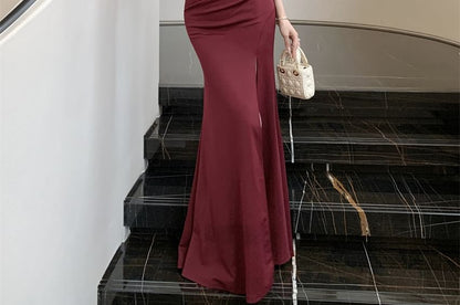 Mermaid Strap Spaghetti Gown Sheer Panel Slit V-Neck Ruched Evening