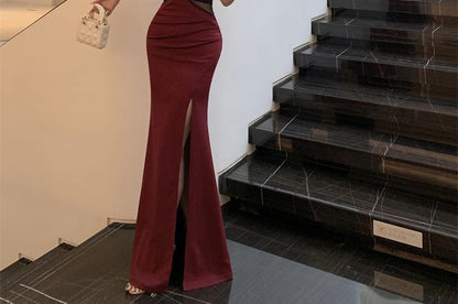 Mermaid Strap Spaghetti Gown Sheer Panel Slit V-Neck Ruched Evening