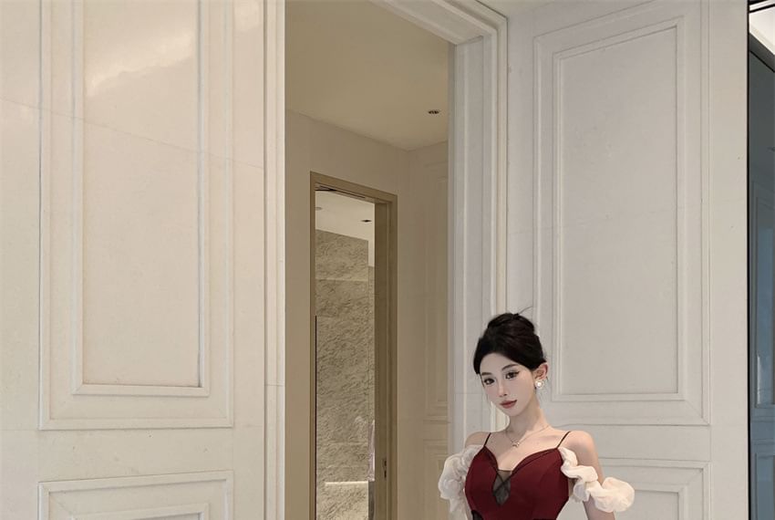 Mermaid Strap Spaghetti Gown Sheer Panel Slit V-Neck Ruched Evening