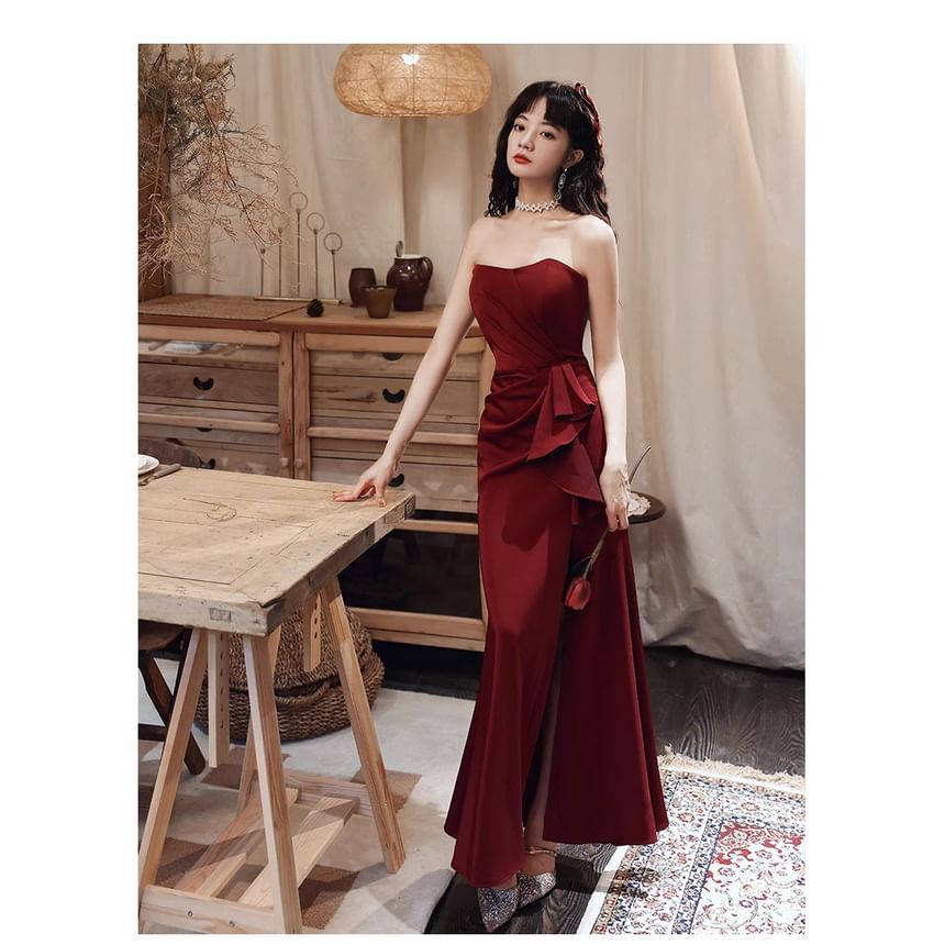 Strapless Plain Ruched Slit Mermaid Evening Dress