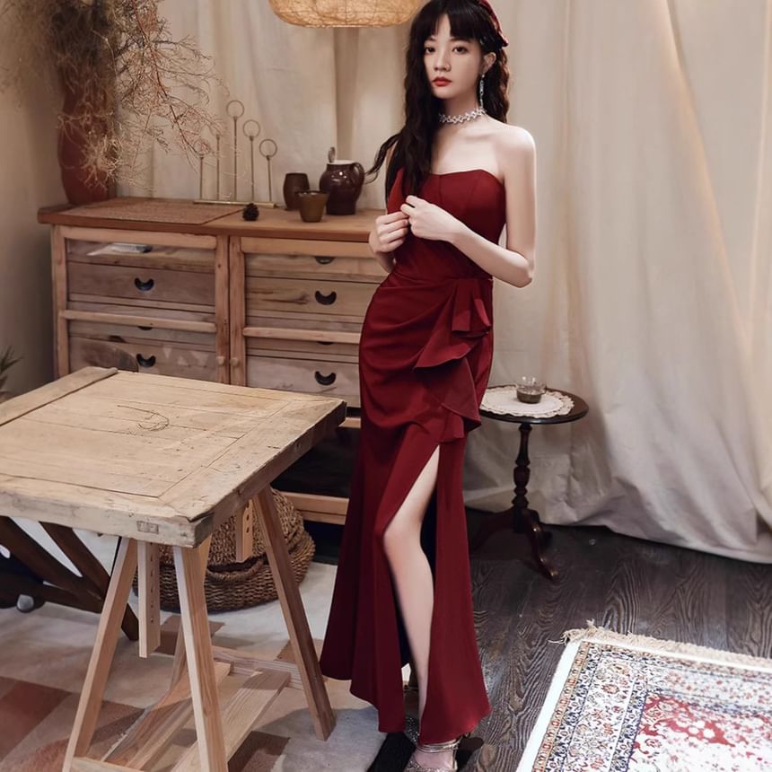 Strapless Plain Ruched Slit Mermaid Evening Dress