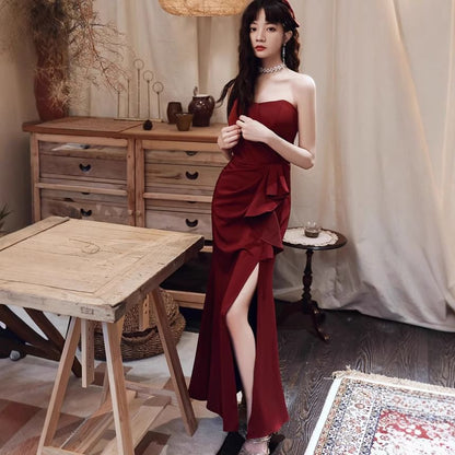 Strapless Plain Ruched Slit Mermaid Evening Dress