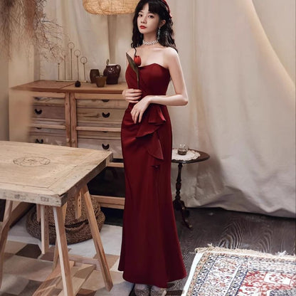 Strapless Plain Ruched Slit Mermaid Evening Dress