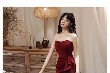 Strapless Plain Ruched Slit Mermaid Evening Dress