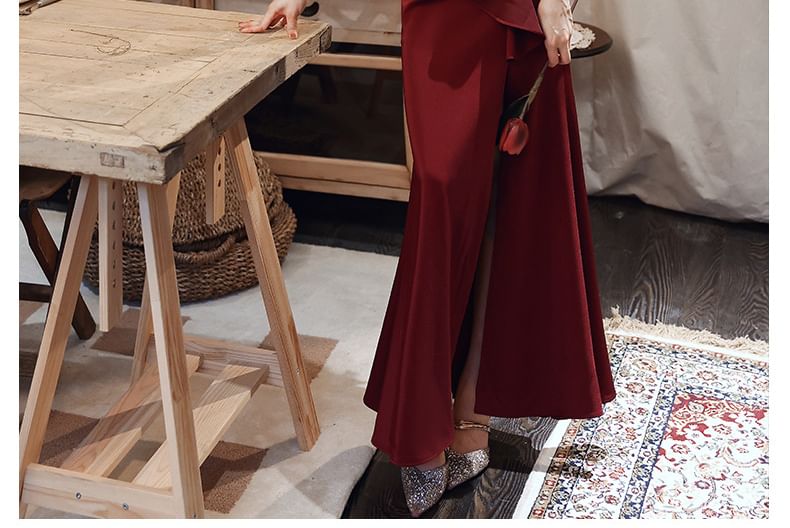 Strapless Plain Ruched Slit Mermaid Evening Dress