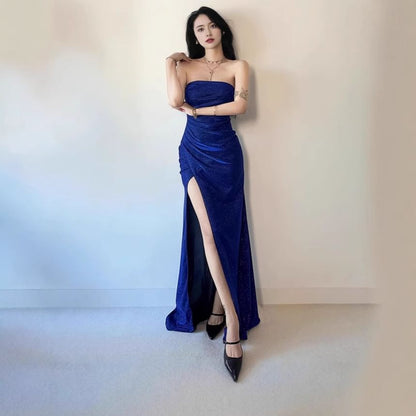 Strapless Glitter Ruched Slit Mermaid Evening Gown