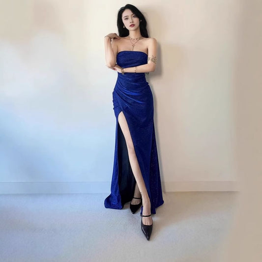 Strapless Glitter Ruched Slit Mermaid Evening Gown