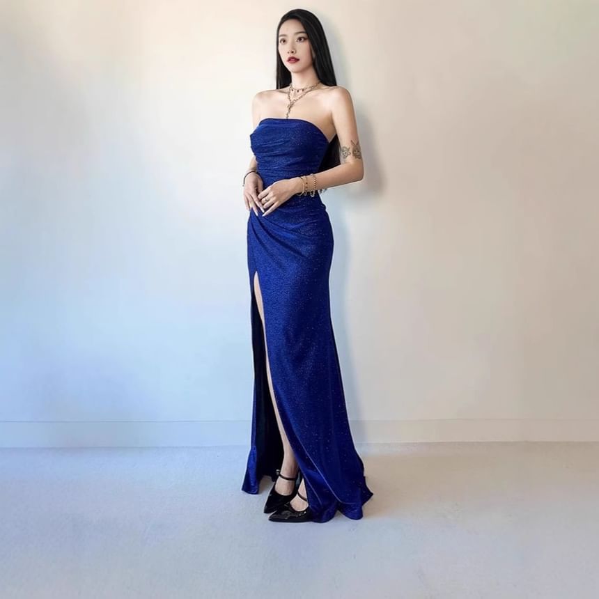 Strapless Glitter Ruched Slit Mermaid Evening Gown