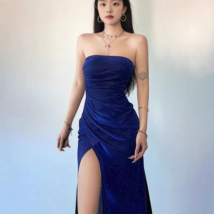 Strapless Glitter Ruched Slit Mermaid Evening Gown