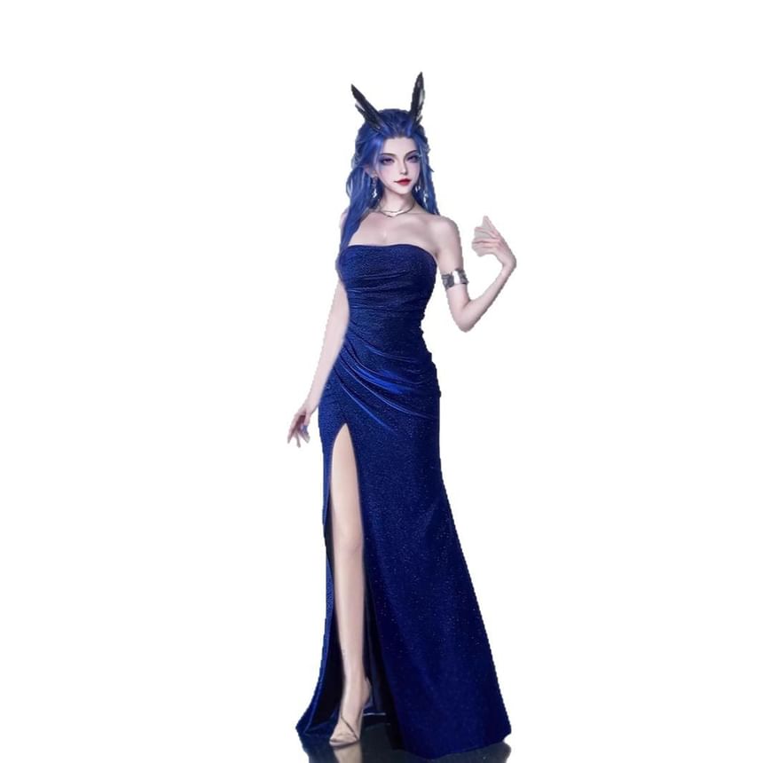 Strapless Glitter Ruched Slit Mermaid Evening Gown