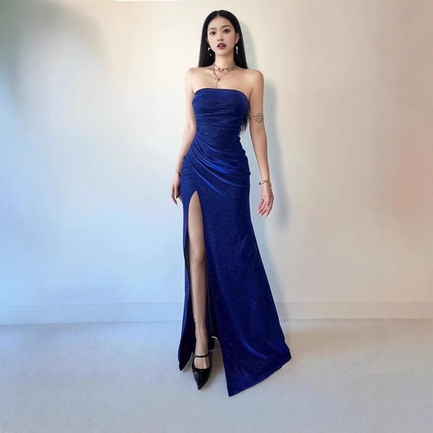Slit Ruched Gown Evening Mermaid Strapless Glitter