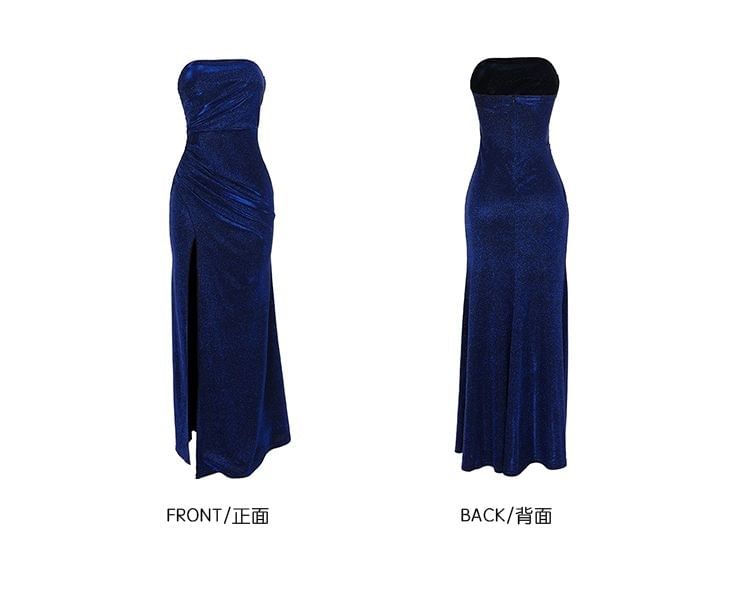 Strapless Glitter Ruched Slit Mermaid Evening Gown