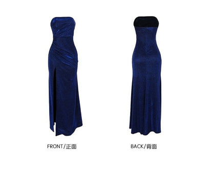 Strapless Glitter Ruched Slit Mermaid Evening Gown