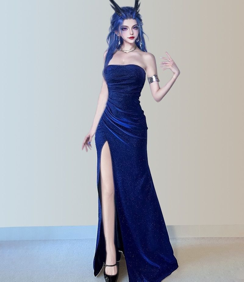 Strapless Glitter Ruched Slit Mermaid Evening Gown
