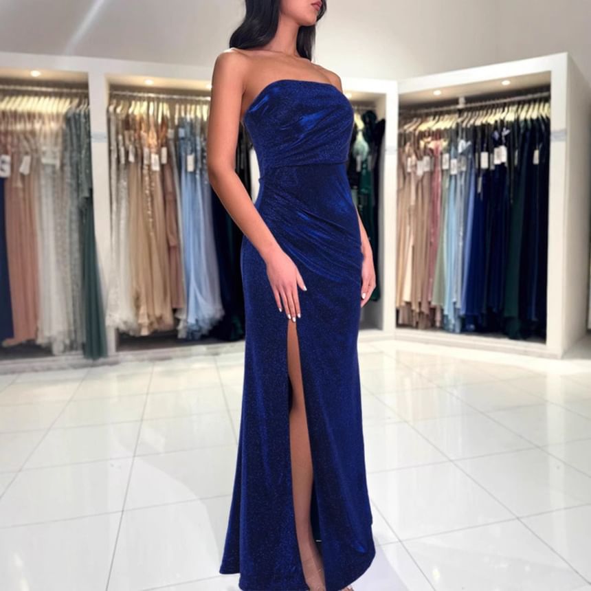 Strapless Plain Ruched Slit Sheath Evening Dress