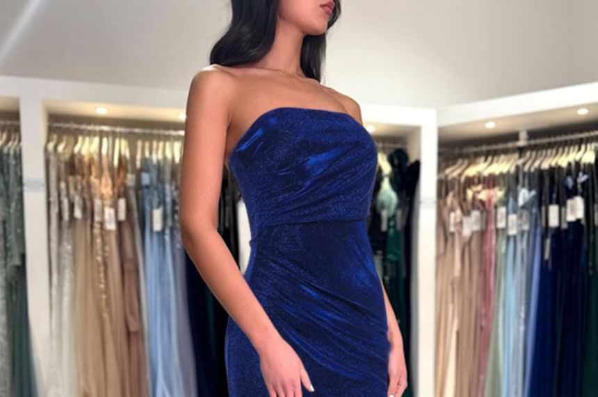 Strapless Plain Ruched Slit Sheath Evening Dress