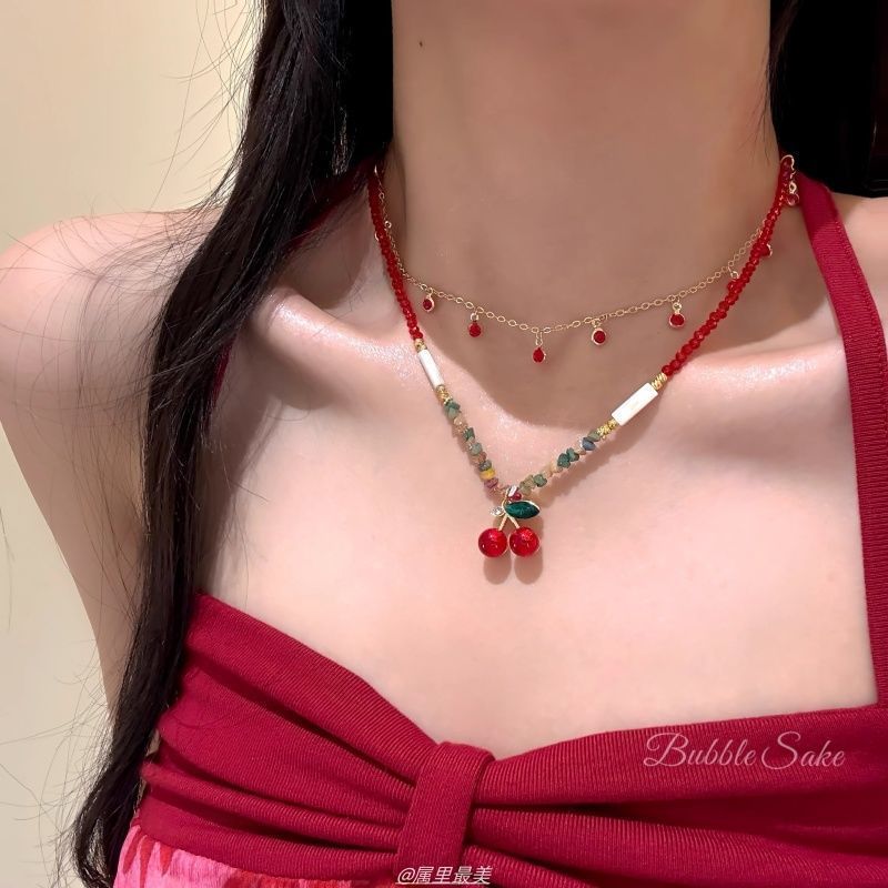 Layered Necklace Cherry Pendant Beaded
