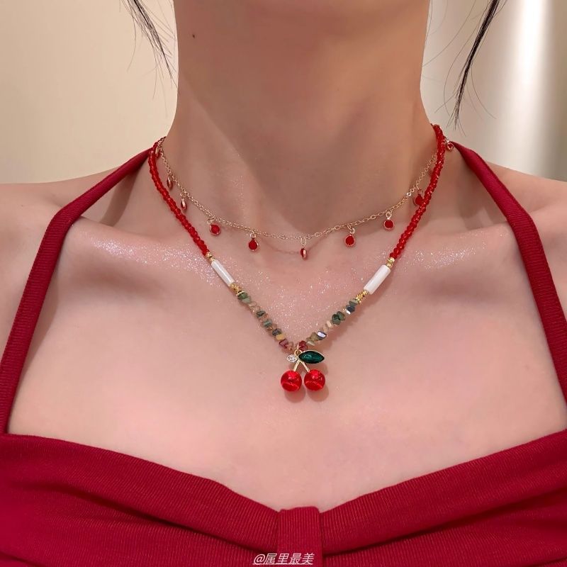 Layered Necklace Cherry Pendant Beaded