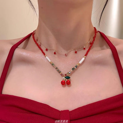Layered Necklace Cherry Pendant Beaded