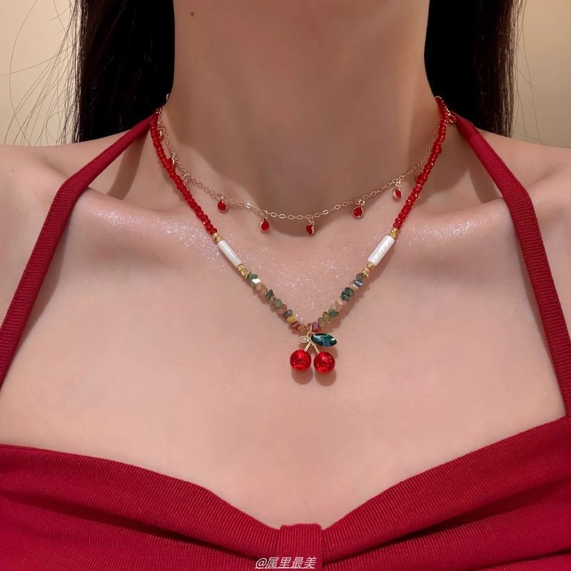 Layered Necklace Cherry Pendant Beaded