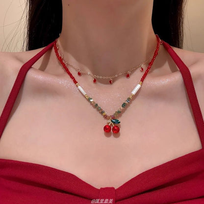 Layered Necklace Cherry Pendant Beaded