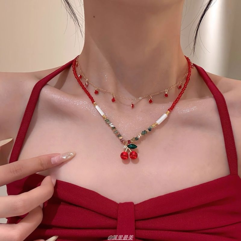 Layered Necklace Cherry Pendant Beaded