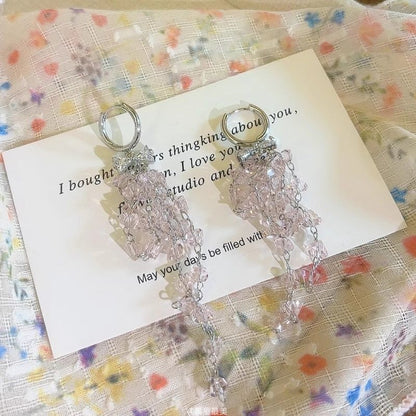 Huggie Rhinestone Bow Drop Fringed Earring