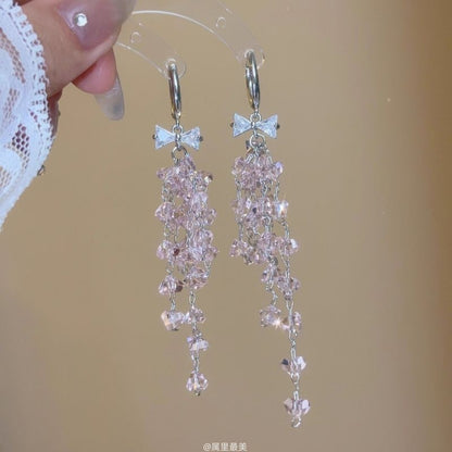 Huggie Rhinestone Bow Drop Fringed Earring